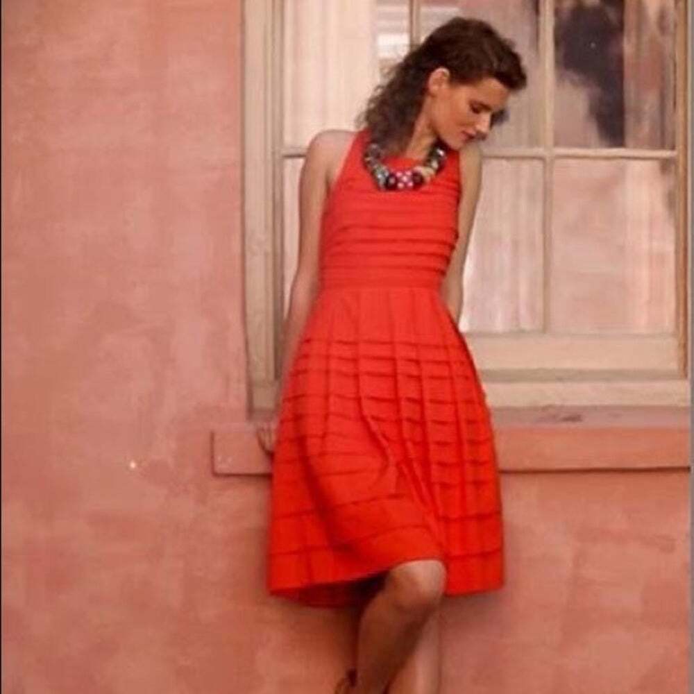 Anthro Eva Franco Tangelo Dress Pleated Criss Cross Back Fit Flare Red Size 4